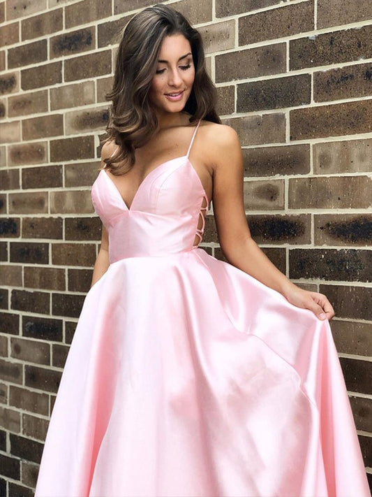 Einfaches A-Linie V-Ausschnitt Rückenfreies Satin Langes Ballkleid