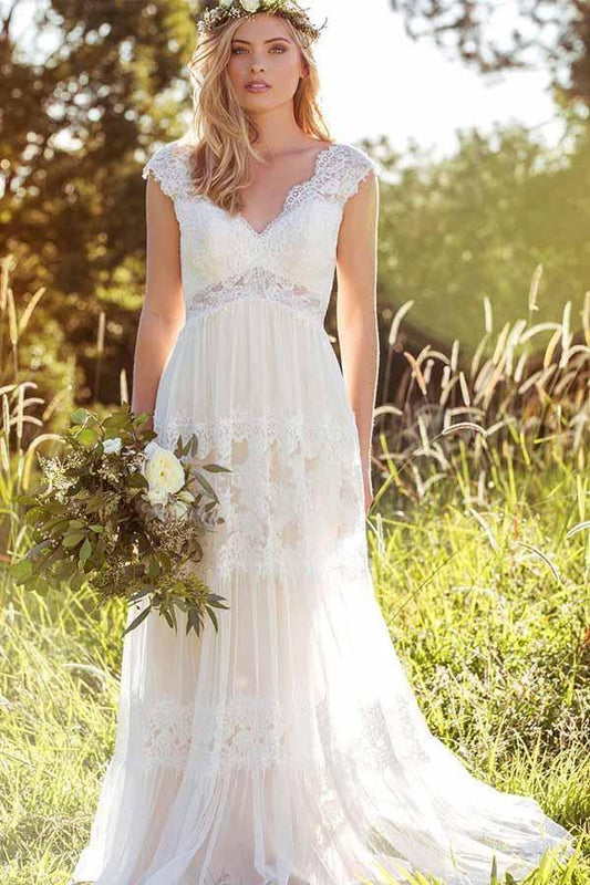 Schlichtes A-Linie V-Ausschnitt Bohemian Spitze Rustikales Brautkleid Hochzeitskleid WD434 