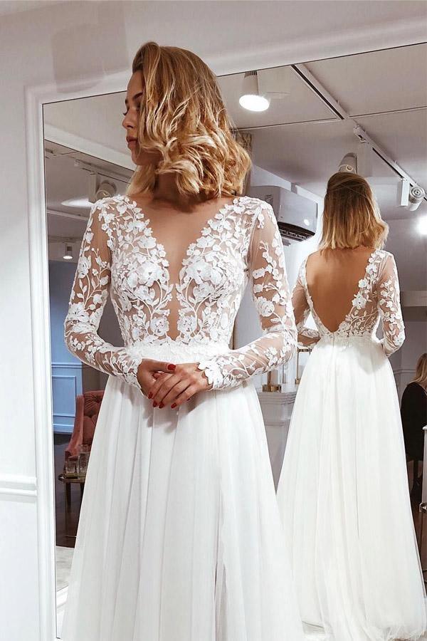 Schlichtes A-Linien-Brautkleid mit V-Ausschnitt, langen Ärmeln, Spitze und Schlitz, Elfenbein, WD481