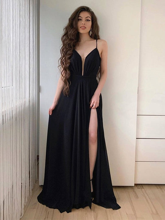 Schlichtes A-Linien-Ballkleid mit V-Ausschnitt und langem, schwarzem Chiffon