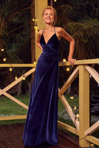 Vestido de fiesta largo de terciopelo con escote en V y espalda abierta, sencillo y corte A