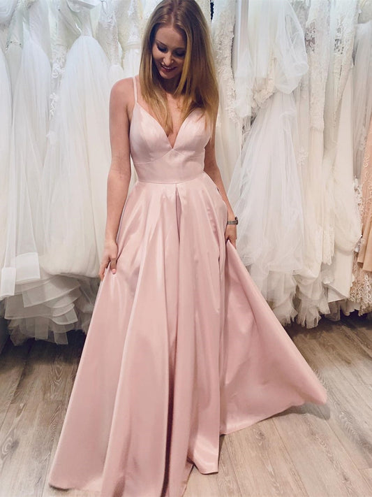 Einfaches A-Linien-Abendkleid mit V-Ausschnitt und ärmellosem Satin, lang, für den Abschlussball