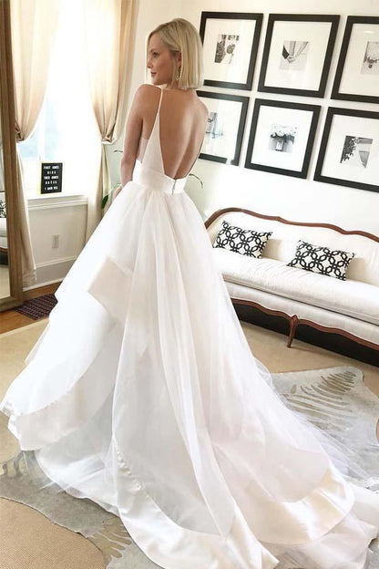 Einfaches A-Linien-Brautkleid mit V-Ausschnitt und Trägern, elfenbeinfarben, rückenfrei, WD275