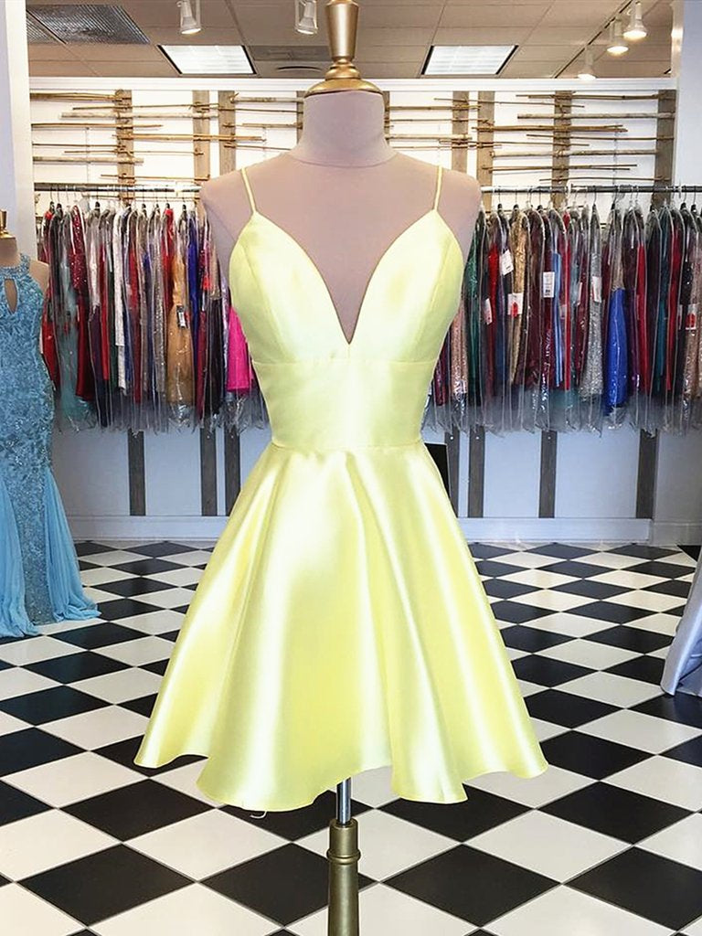 Einfaches A-Linien-Ballkleid mit V-Ausschnitt und kurzem Satin in Gelb