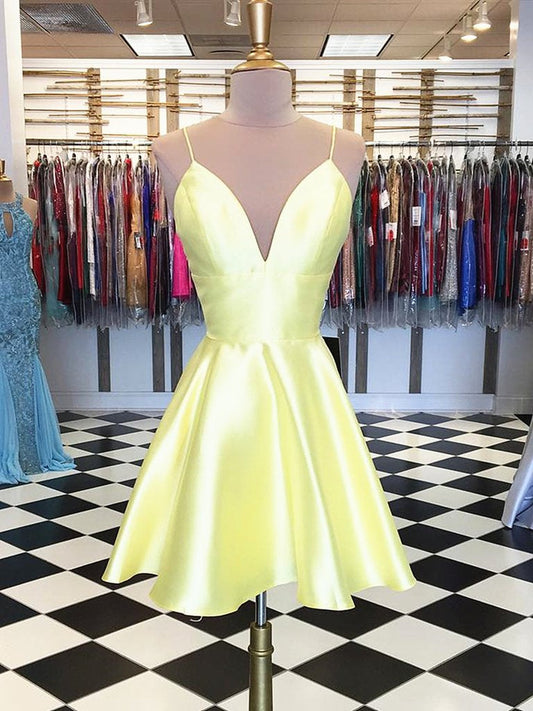 Einfaches A-Linien-Ballkleid mit V-Ausschnitt und kurzem Satin in Gelb