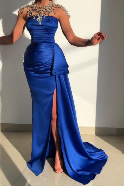 Einfaches blaues trägerloses ärmelloses Meerjungfrau-Ballkleid im bodenlangen Satin