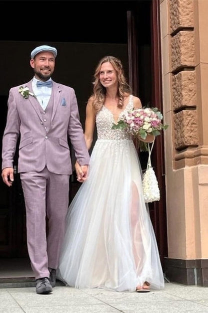 Einfache Boho A-Linie V-Ausschnitt Rückenfreies Ärmelloses Brautkleid mit Spitze
