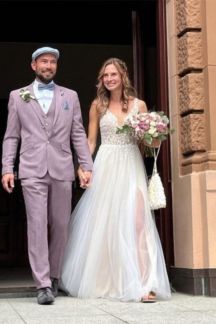 Einfache Boho A-Linie V-Ausschnitt Rückenfreies Ärmelloses Brautkleid mit Spitze