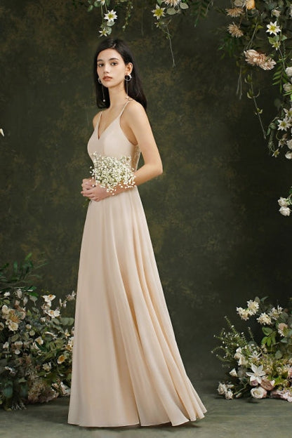 Schlichte Champagner Spaghettiträger Ärmellose A-Linie Satin Ballkleider mit Rüschen