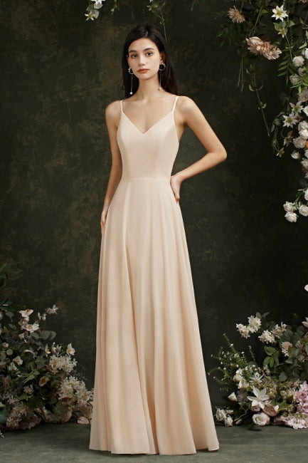 Schlichte Champagner Spaghettiträger Ärmellose A-Linie Satin Ballkleider mit Rüschen