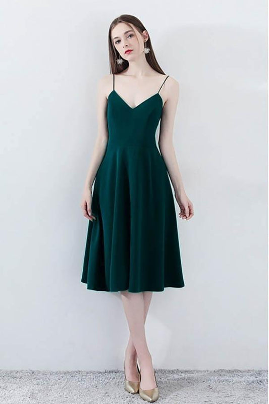 Schlichtes, schickes dunkelgrünes Homecoming-Kleid mit V-Ausschnitt und Trägern PD094