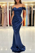 Schlichtes, langes, schulterfreies Satin-Ballkleid im Meerjungfrau-Stil in Dunkelmarineblau