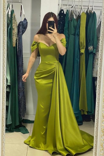 Einfache grüne schulterfreie Satin Meerjungfrau Abend Party Kleider Ballkleider mit Rüschen