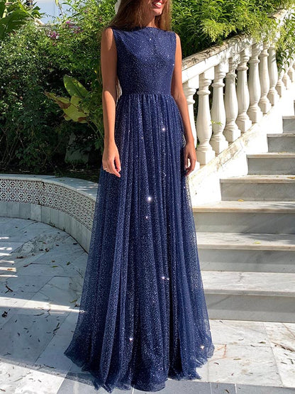 Schlichtes langes A-Linien-Bateau-Ballkleid mit Pailletten