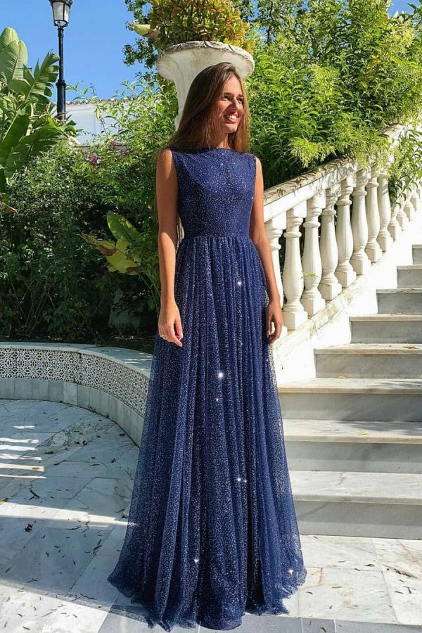 Schlichtes langes A-Linien-Bateau-Ballkleid mit Pailletten