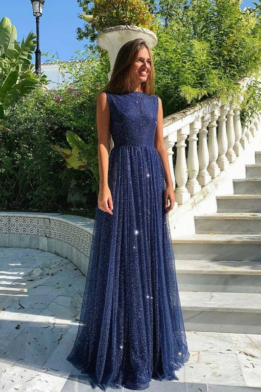 Schlichtes langes A-Linien-Bateau-Ballkleid mit Pailletten