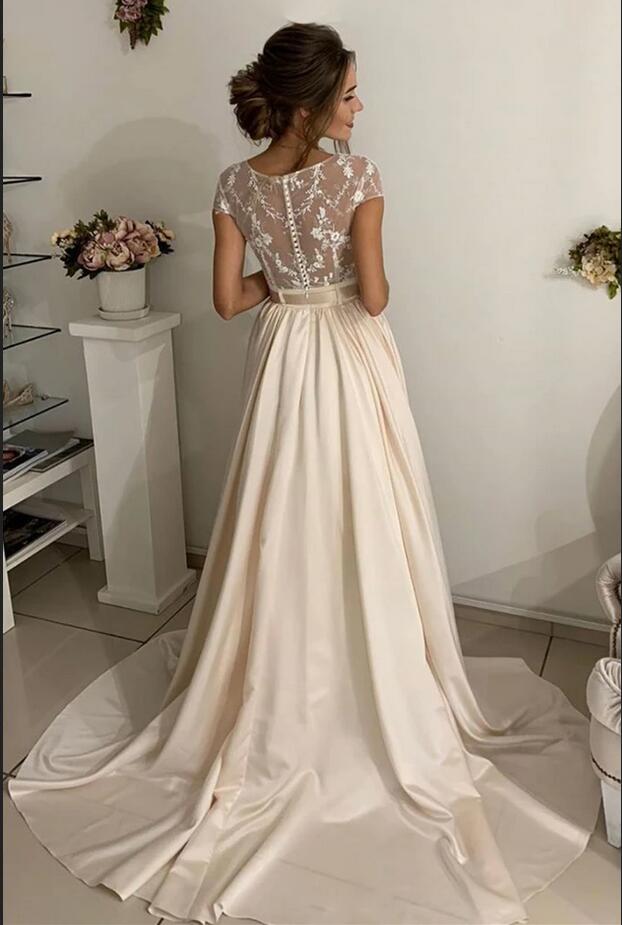 Schlichte lange A-Linie Juwel Stretch Satin Spitze Brautkleider