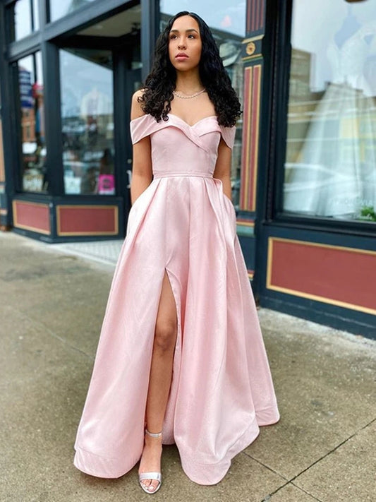 Einfaches langes A-Linien-Ballkleid mit schulterfreiem Satin-Vorderschlitz und Taschen