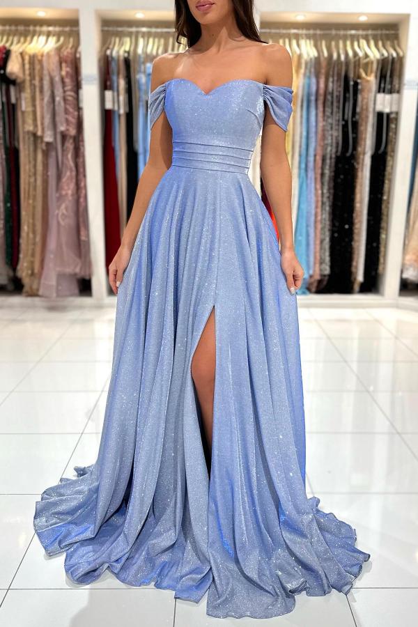 Vestido de fiesta sencillo largo de corte A con hombros descubiertos y purpurina con abertura