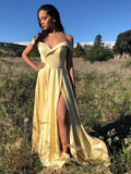 Schlichtes, langes, schulterfreies Satin-Ballkleid in A-Linie mit hohem Schlitz