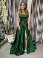 Vestidos de graduación sencillos, largos, de satén, con espalda abierta y corte A con abertura
