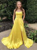 Schlichtes langes A-Linien-Abschlussballkleid mit U-Ausschnitt, Satin vorne, Schlitz und Taschen