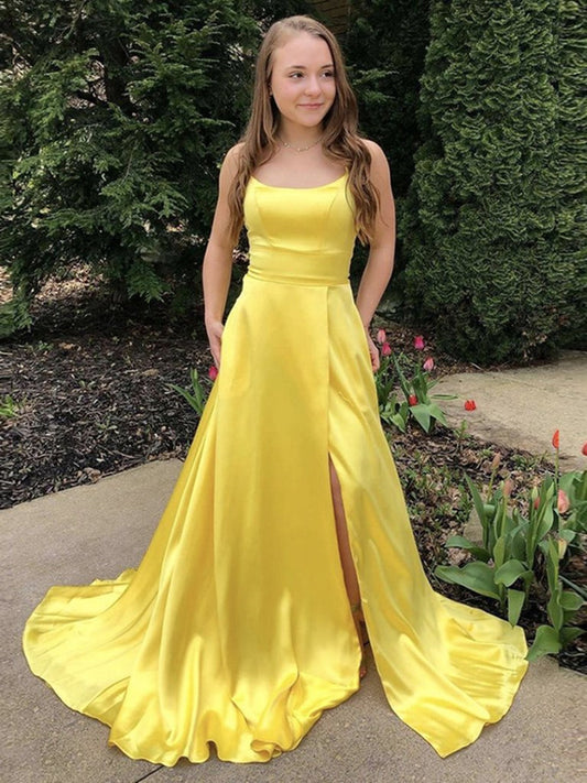 Schlichtes langes A-Linien-Abschlussballkleid mit U-Ausschnitt, Satin vorne, Schlitz und Taschen