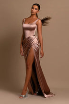Vestido de fiesta sencillo largo de satén sin mangas con tirantes en forma de A y abertura
