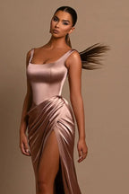 Vestido de fiesta sencillo largo de satén sin mangas con tirantes en forma de A y abertura