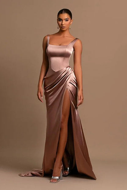 Einfaches langes A-Linien-Träger-Satin-ärmelloses Ballkleid mit Schlitz
