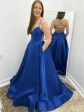Vestido de fiesta formal de satén con escote en V, largo, sencillo, sin espalda y bolsillos