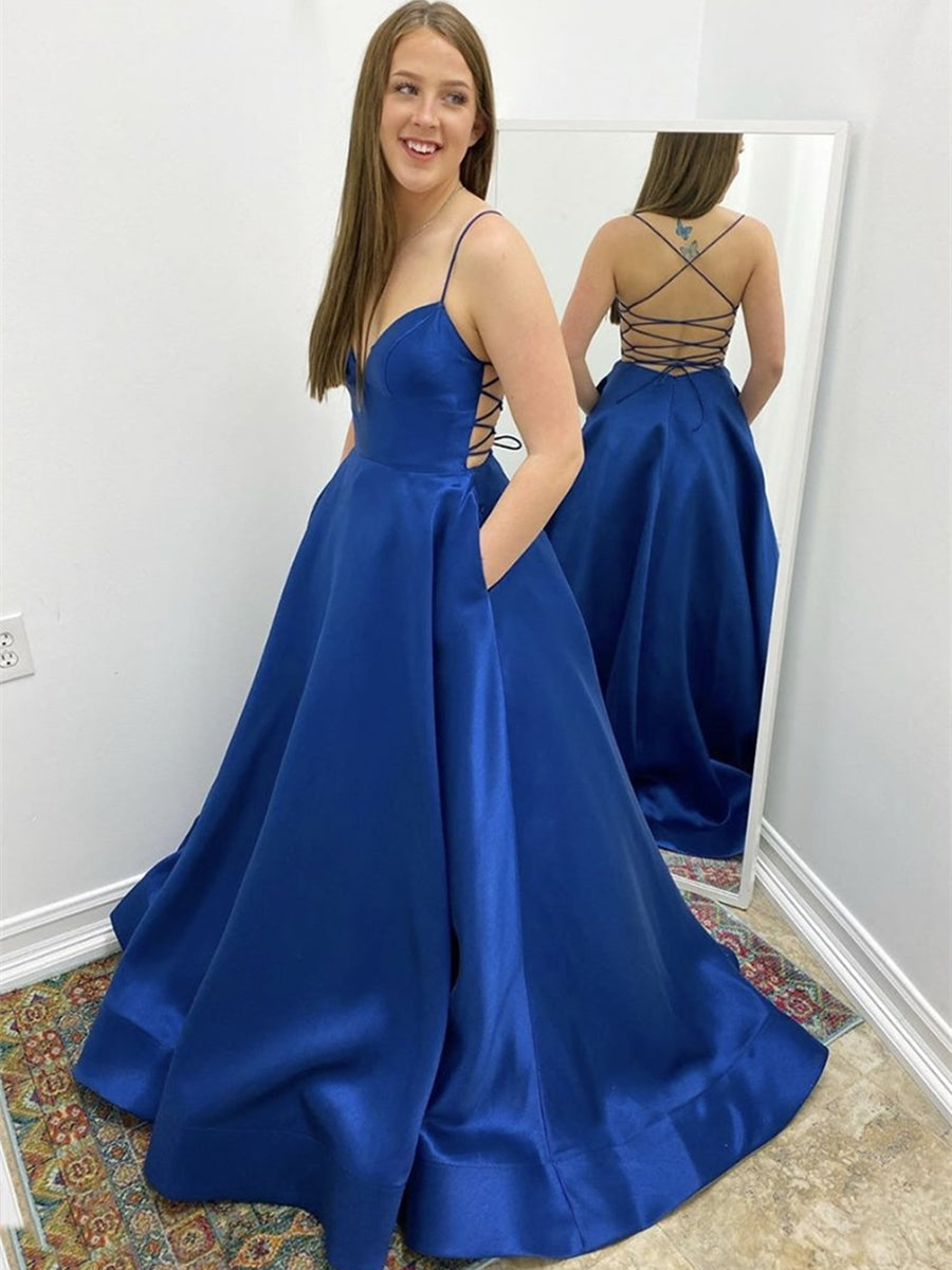 Vestido de fiesta formal de satén con escote en V, largo, sencillo, sin espalda y bolsillos