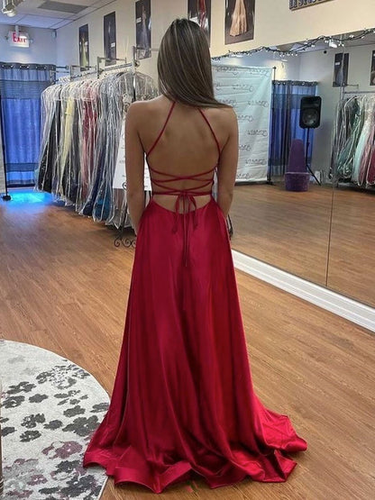 Schlichtes langes rückenfreies A-Linien-Abschlussballkleid aus Satin mit V-Ausschnitt und hohem Schlitz