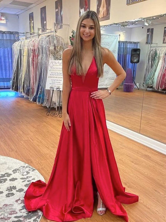 Schlichtes langes rückenfreies A-Linien-Abschlussballkleid aus Satin mit V-Ausschnitt und hohem Schlitz