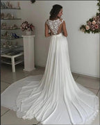 Schlichtes langes A-Linien-Brautkleid aus Chiffon mit V-Ausschnitt und Schlitz