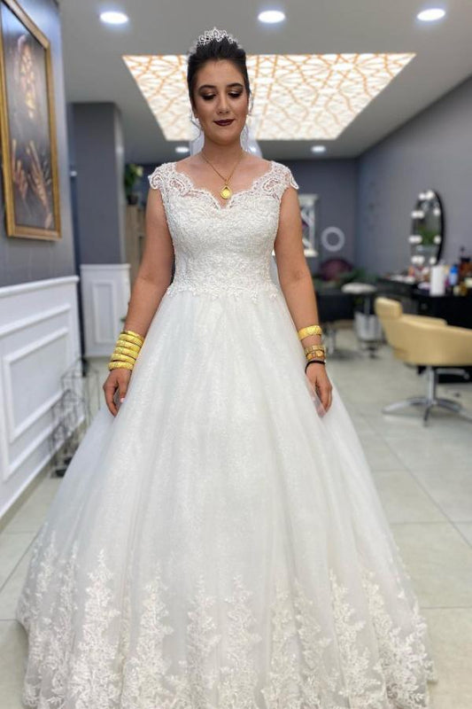 Schlichtes langes A-Linien-Brautkleid mit V-Ausschnitt und Spitze und Tüll