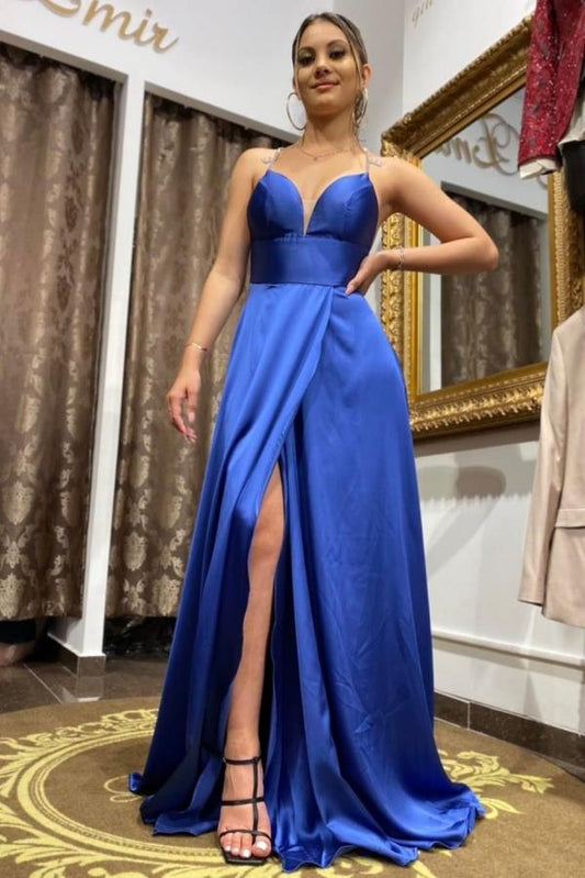 Schlichtes, langes, rückenfreies Ballkleid aus Satin in A-Linie mit V-Ausschnitt und Schlitz