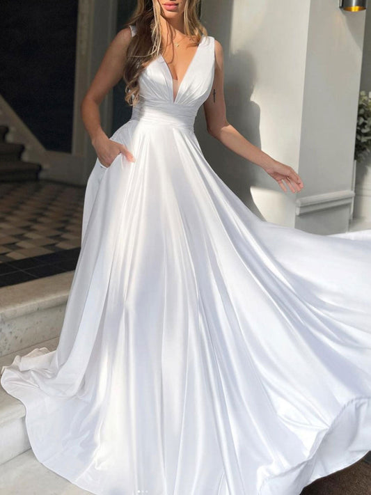 Schlichtes langes A-Linien-Ballkleid aus Satin mit V-Ausschnitt, weißes formelles Abschluss-Abendkleid mit Taschen
