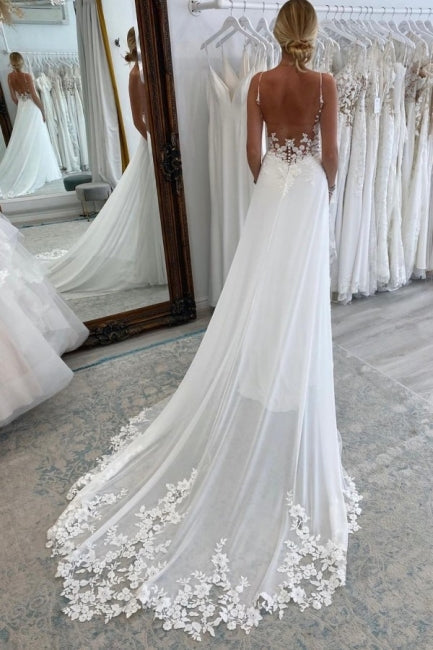Einfaches langes A-Linien-Brautkleid mit V-Ausschnitt und Spaghettiträgern und Spitze