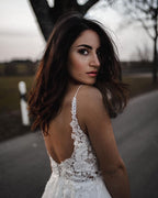 Simple Long A-line V-neck Tulle Backless Wedding Dress