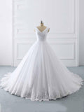 Simple Long Ball Gown V-Neck Lace-Up Tulle Wedding Dresses