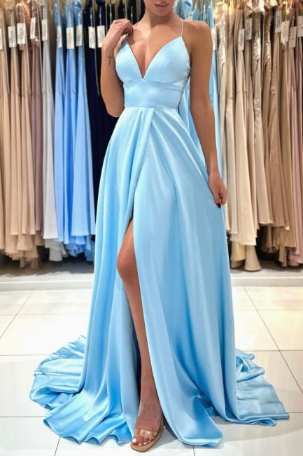 Schlichtes langes blaues ärmelloses Satin-Abendkleid in A-Linie mit V-Ausschnitt und Schlitz