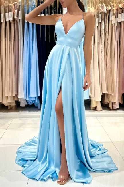 Schlichtes langes blaues ärmelloses Satin-Abendkleid in A-Linie mit V-Ausschnitt und Schlitz