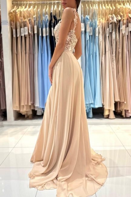 Schlichtes langes Champagner A-Linien-Abendkleid mit Spitze und Schlitz