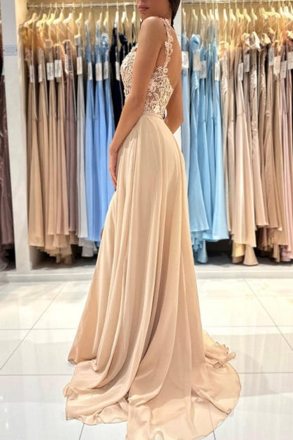 Schlichtes langes Champagner A-Linien-Abendkleid mit Spitze und Schlitz