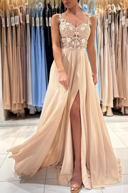 Schlichtes langes Champagner A-Linien-Abendkleid mit Spitze und Schlitz