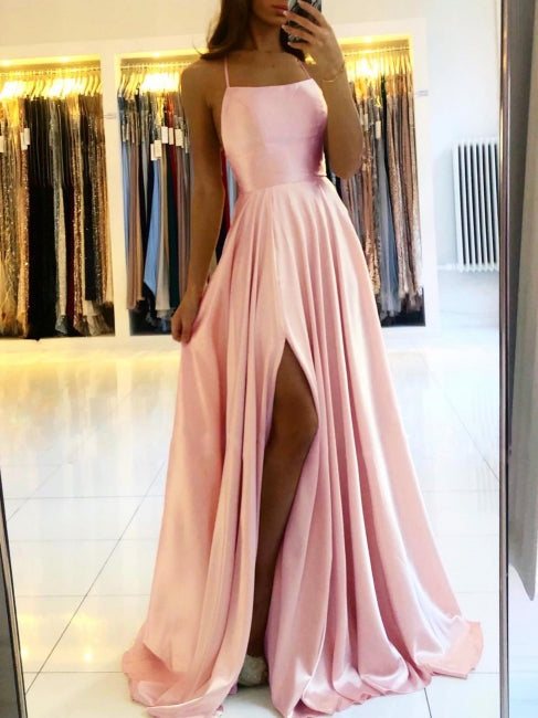 Schlichtes Langes Abendkleid Spaghettiträger Ballkleider Mit Schlitz