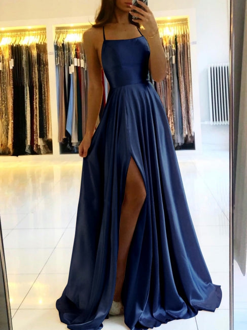 Schlichtes Langes Abendkleid Spaghettiträger Ballkleider Mit Schlitz