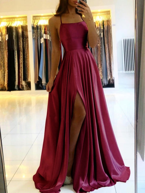 Schlichtes Langes Abendkleid Spaghettiträger Ballkleider Mit Schlitz
