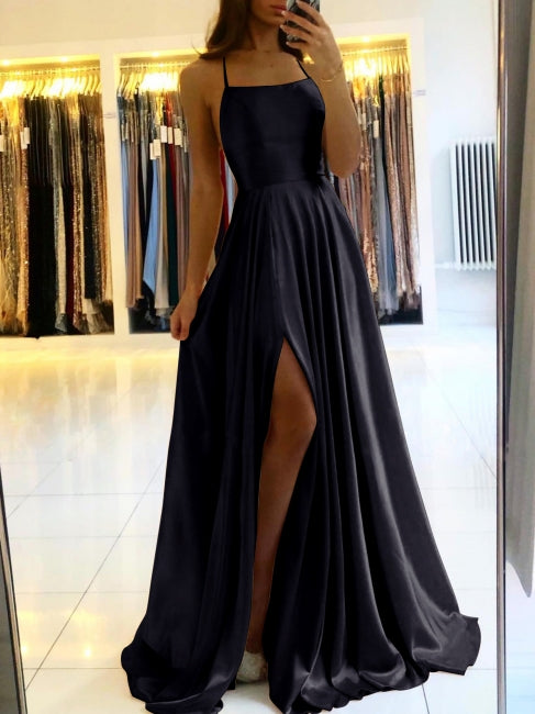 Schlichtes Langes Abendkleid Spaghettiträger Ballkleider Mit Schlitz
